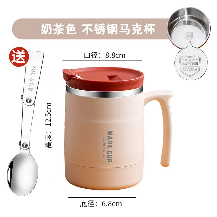 Stainless Steel Mug with Lid and Spoon Office Water Cup