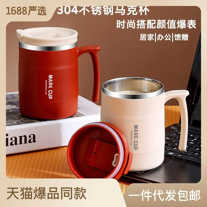 Stainless Steel Mug with Lid and Spoon Office Water Cup