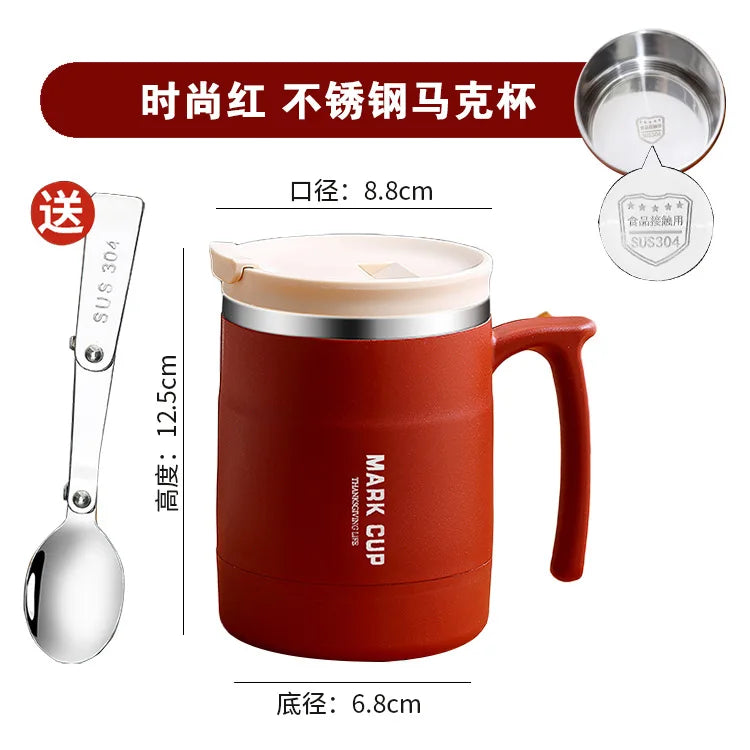 Stainless Steel Mug with Lid and Spoon Office Water Cup