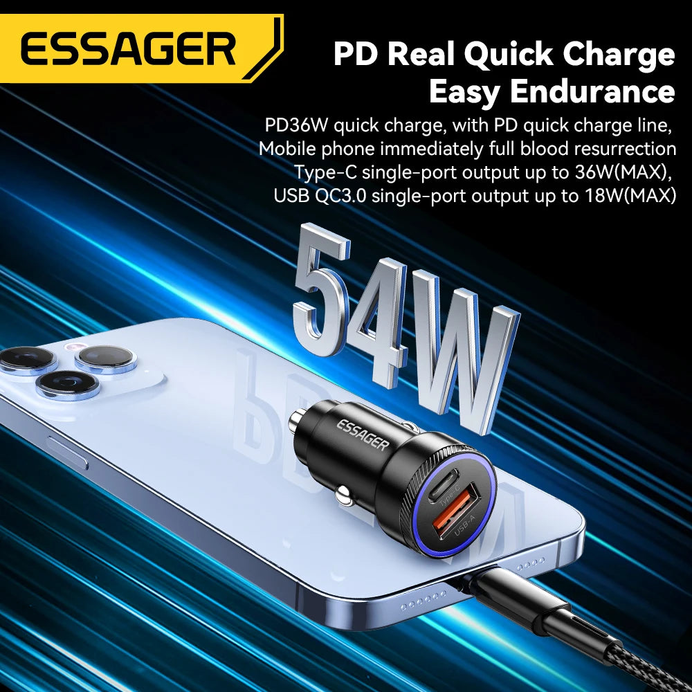 Essager 54W Car Charger 5A Fast Charging Type C Quick Charge 3.0 QC PD 3.0 SCP USB