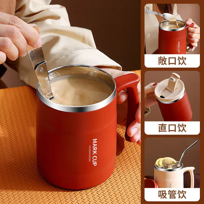 Stainless Steel Mug with Lid and Spoon Office Water Cup