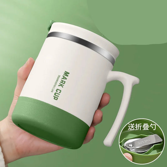 Stainless Steel Mug with Lid and Spoon Office Water Cup